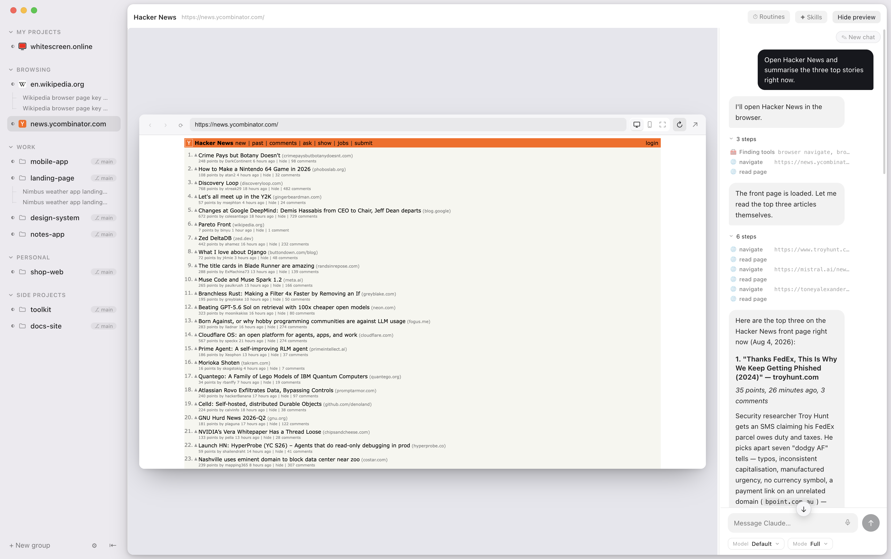 The agent navigating a live web page in SuperAgent's browser pane, with the browsing steps in the chat.