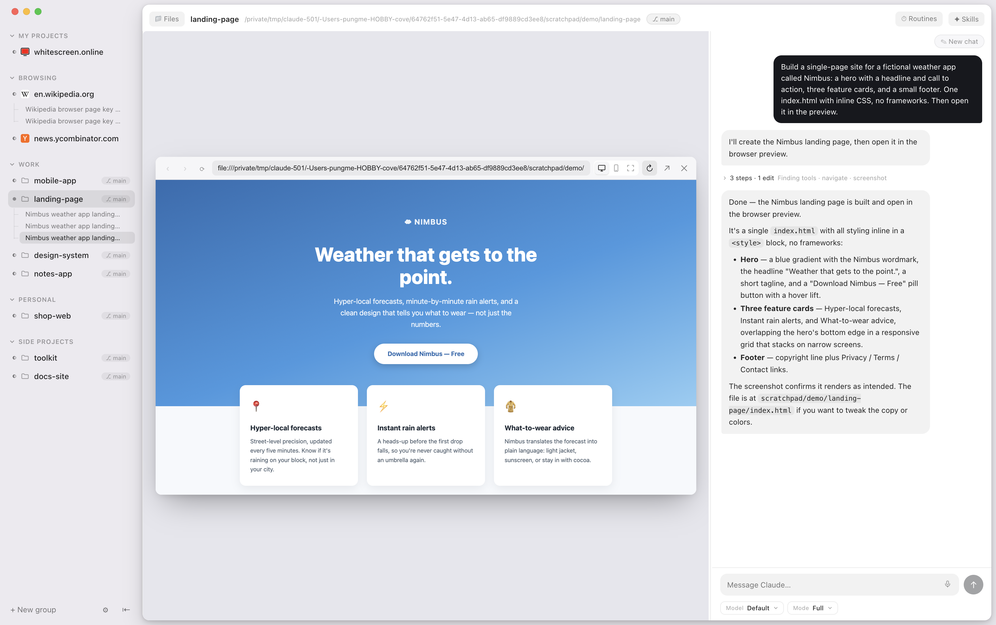 SuperAgent building a landing page: the code chat on the right, the page it just wrote rendering live in the pane on the left.