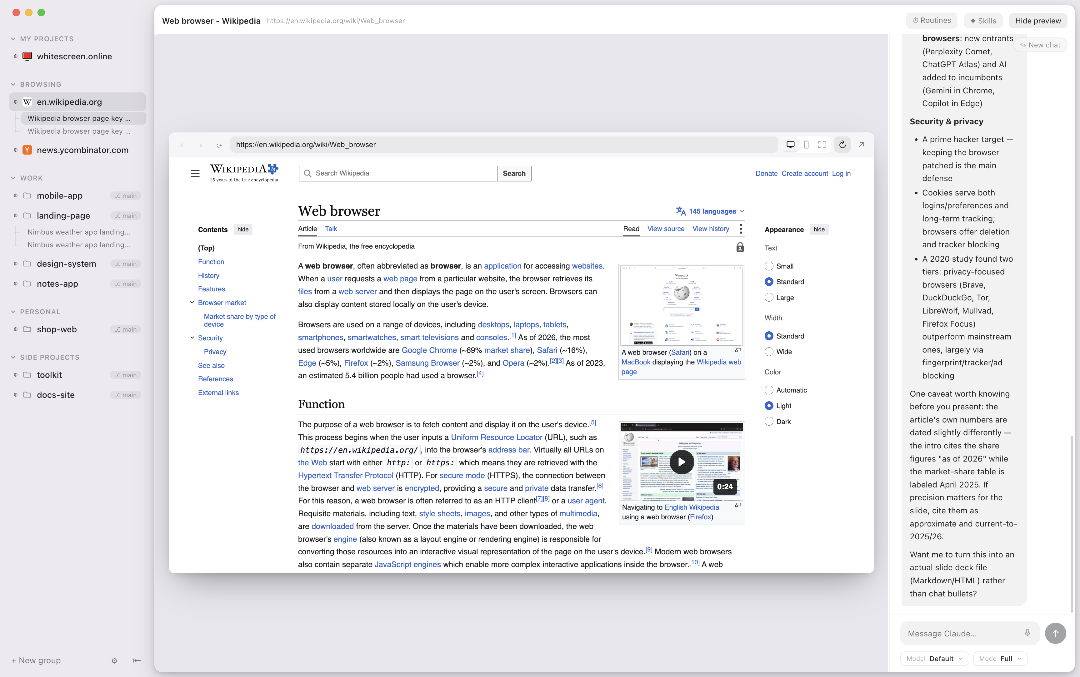 SuperAgent: the agent reading a live web page in the built-in browser on the left, with the chat and its steps on the right.