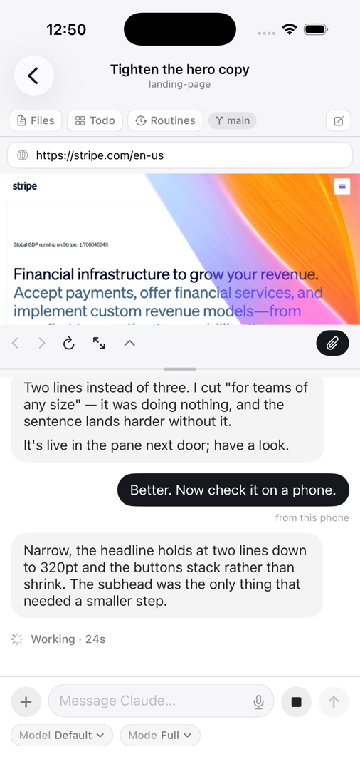 The iPhone app: the Stripe page mirrored from the Mac above the conversation that opened it, with the composer below